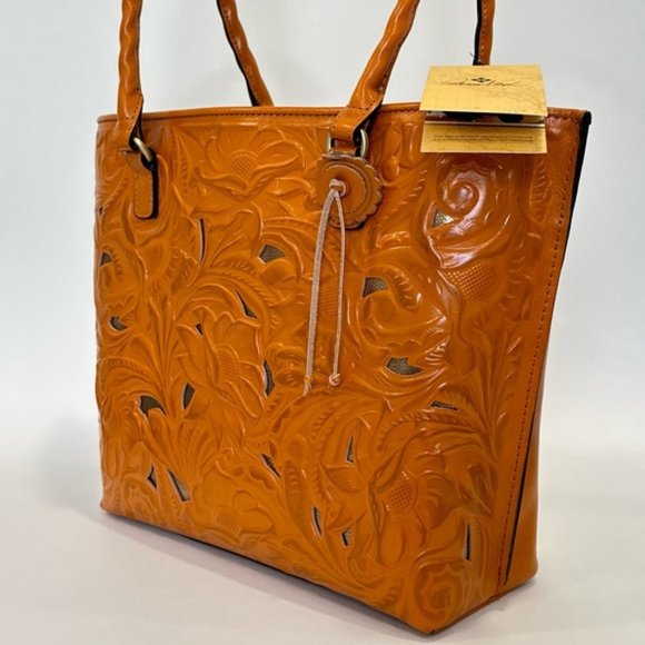Patricia Nash Adeline Burnished Cut out Tooled Leather Tote in Sun Yellow - Picture 5 of 10